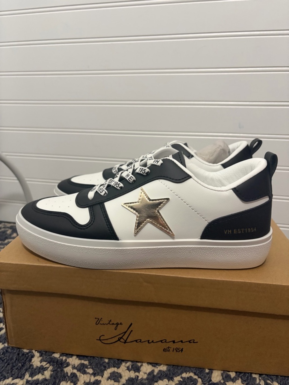 NWT- Vintage Havana White, Black and Gold Leather Sneakers